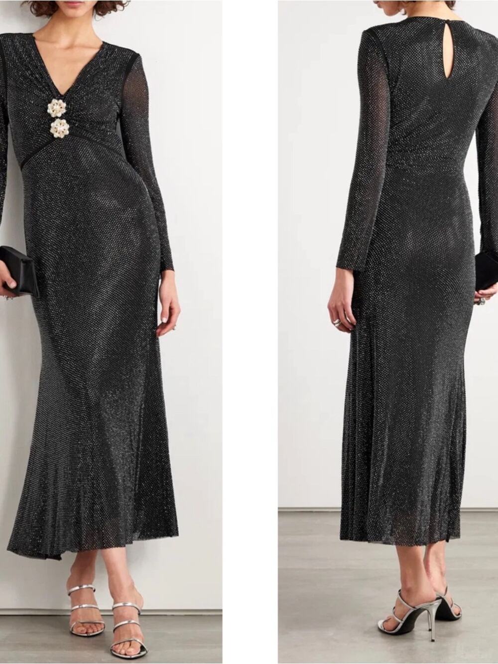 SELF-PORTRAIT Rhinestone Crystal Embellished Long Sleeve Black Midi Dress Size 4